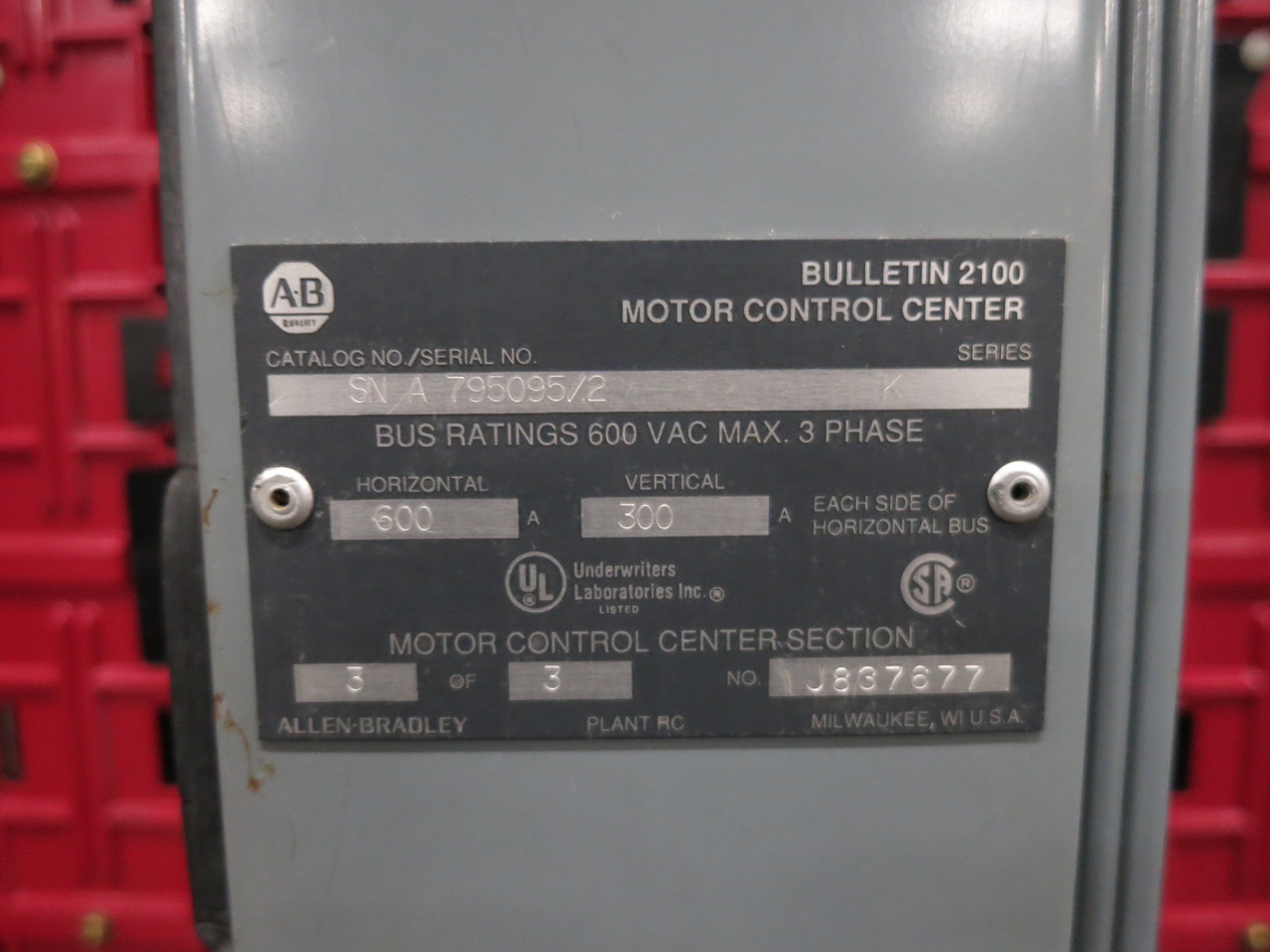 Allen Bradley Centerline 2100 600/300 Amp 3x MCC Section Motor Control Center (DW8323-1)