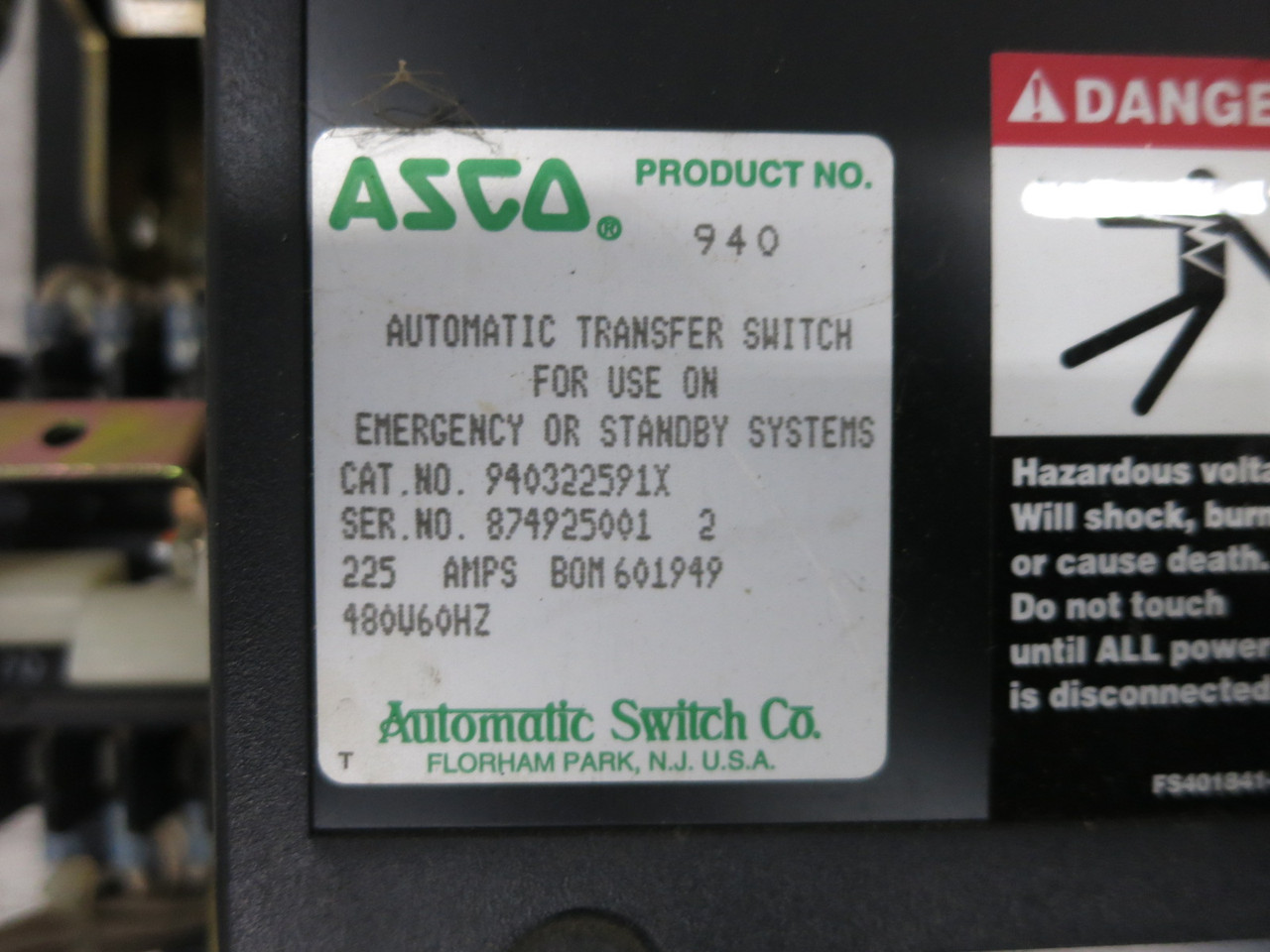 ASCO 940322591X 225A 480V Automatic Transfer Switch 940 225 Amp ATS 473670-006 (DW8320-1)
