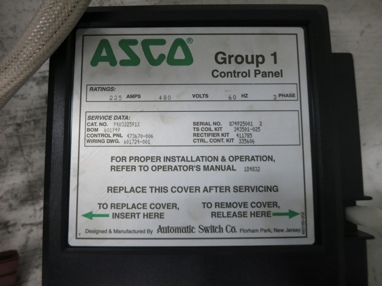 ASCO 940322591X 225A 480V Automatic Transfer Switch 940 225 Amp ATS 473670-006 (DW8320-1)