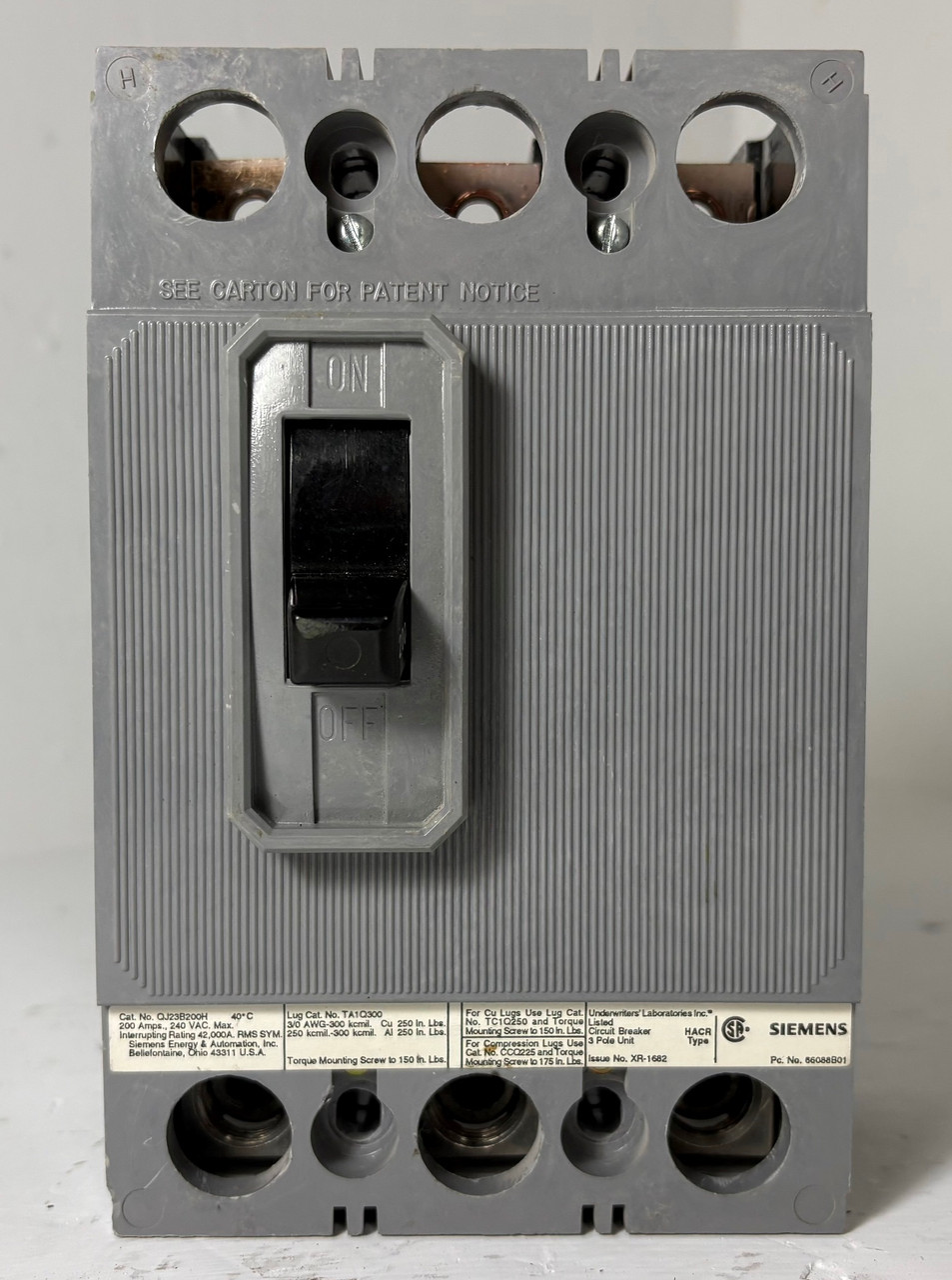 Siemens QJ23B200H 200A Circuit Breaker 3 Pole 42k @ 240V ITE 200 Amp HACR (EM5936-2)