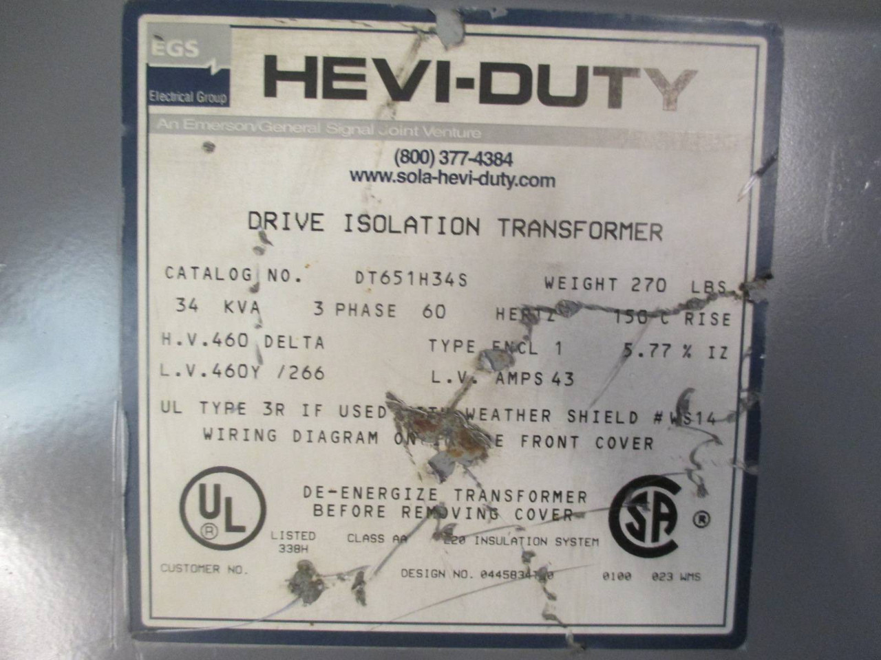 Hevi Duty Sola 34 kVA 460 Delta - 460Y/266 DT651H34S Isolation Transformer 3PH (EBI2381-7)