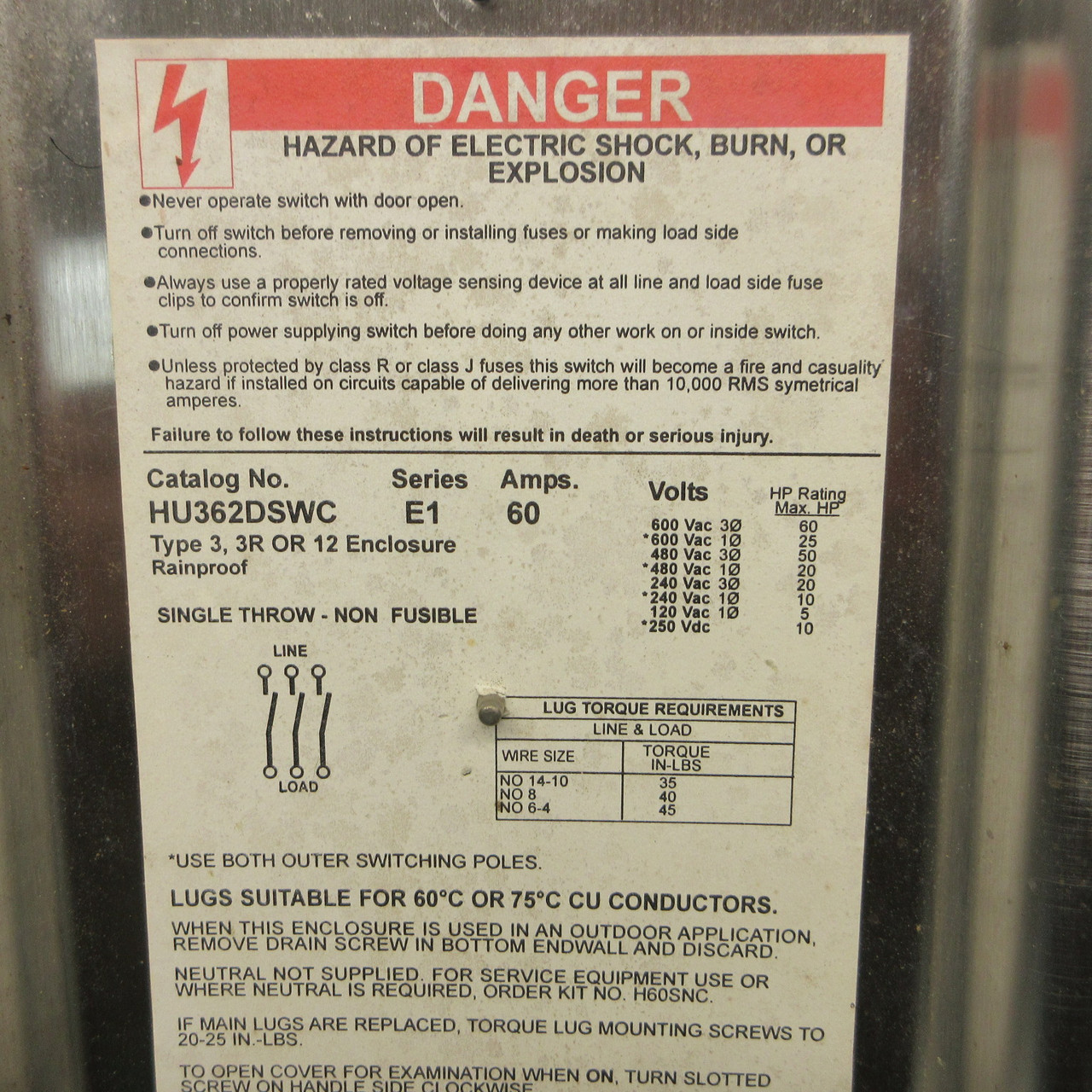 Square D HU362DSWC 60 Amp 600V Stainless Enclosed Switch 60A 60HP 3R SS (RUSTY) (AH1422-2)