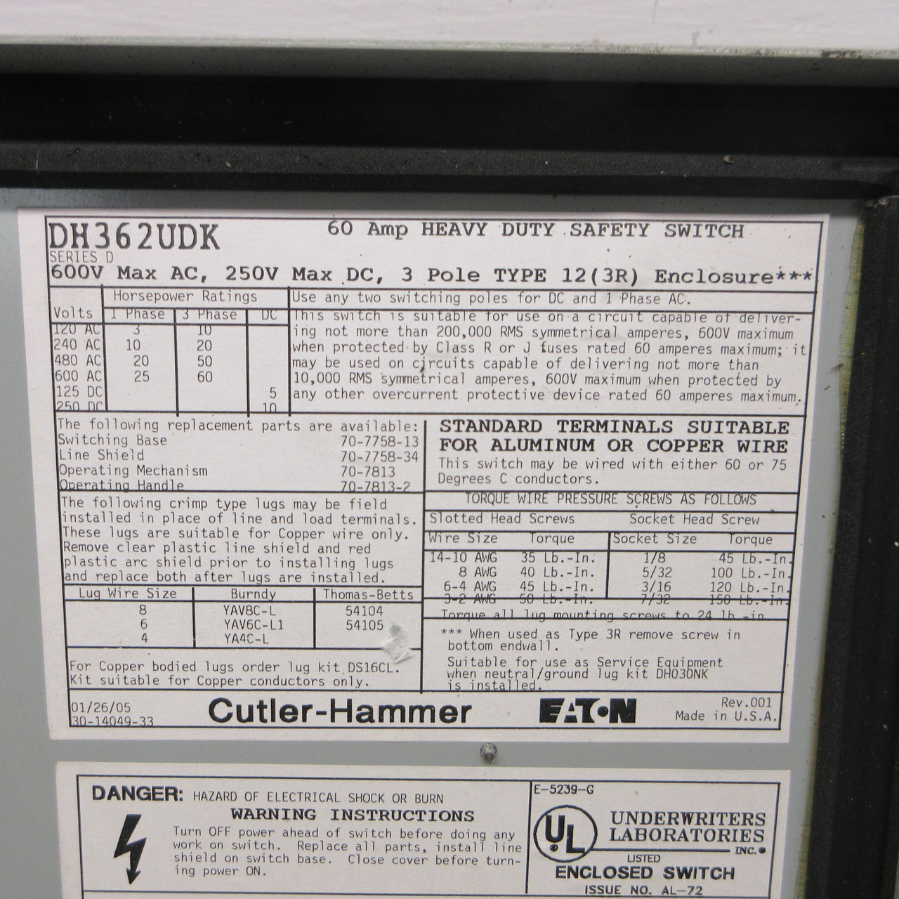 Eaton Cutler Hammer DH362UDK 60A 600V 3R 3P3W Non-Fusible Safety Switch 60 Amp (AH1421-2)