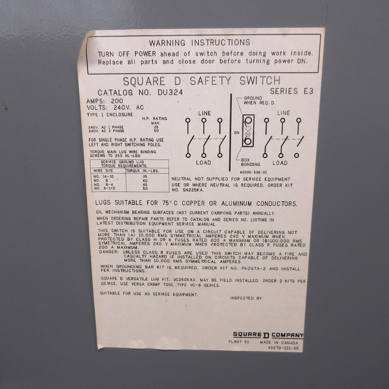 Square D DU324 200 Amp 240V Non-Fusible Safety Disconnect Switch 200A 3W 50HP (AH1419-1)