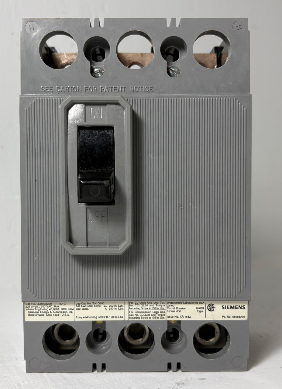Siemens QJ23B225H 225A Circuit Breaker 3 Pole 42k @ 240V ITE 225 Amp HACR (EM5937-2)