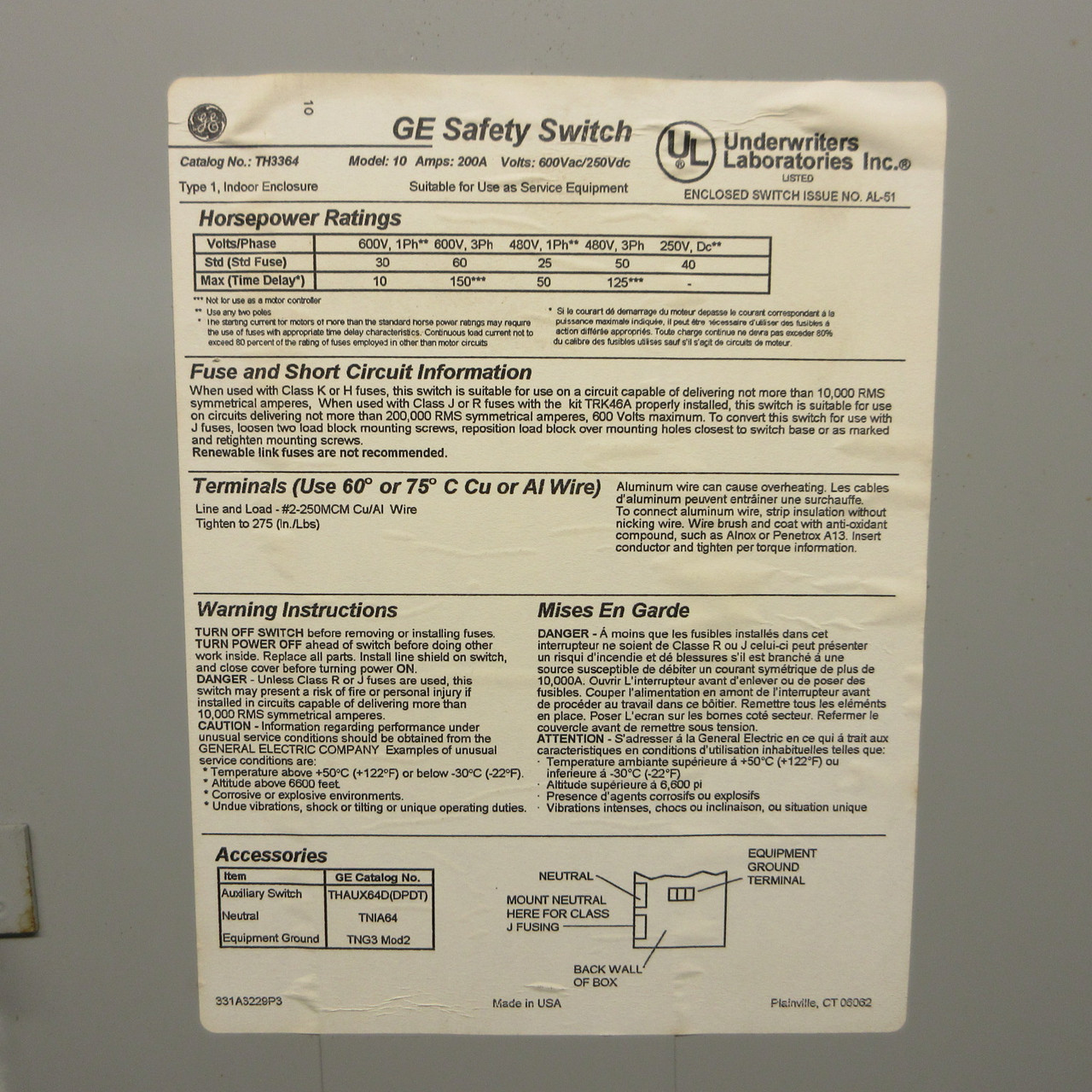 GE TH3364 200 Amp 600V Fusible Safety Switch Disconnect 200A 3W Mod 10 w/ Fuses (AH1418-1)