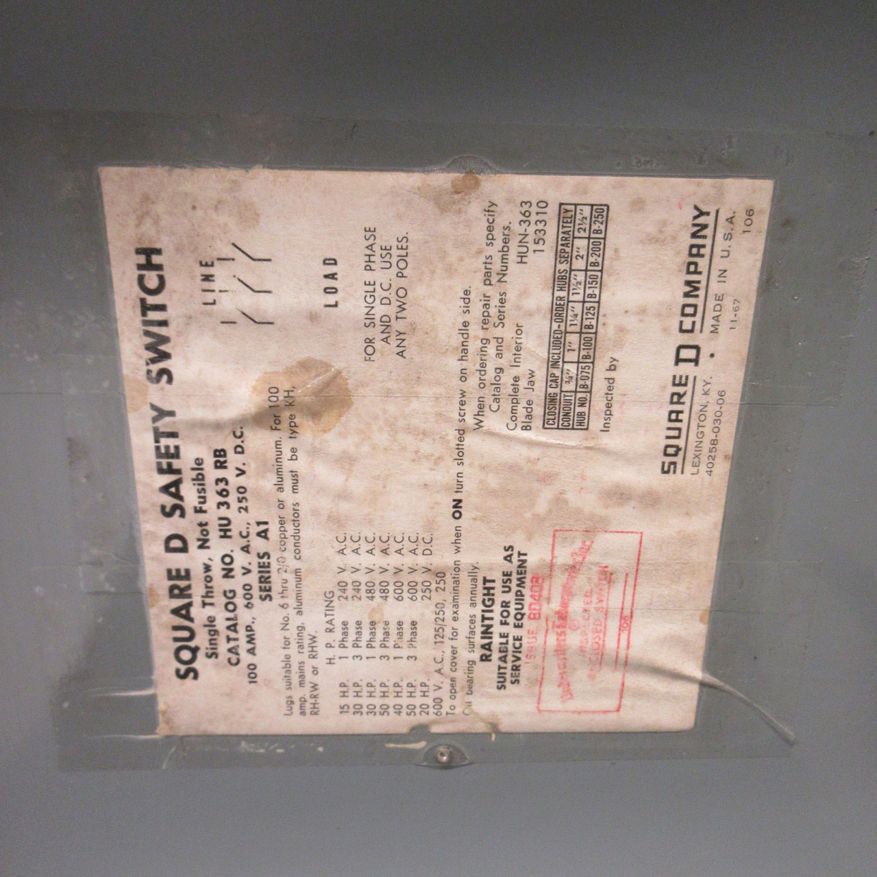 Square D HU363RB 100A 600V Non-Fusible Safety Switch Disconnect Type 3R Ser A1 (AH1423-1)