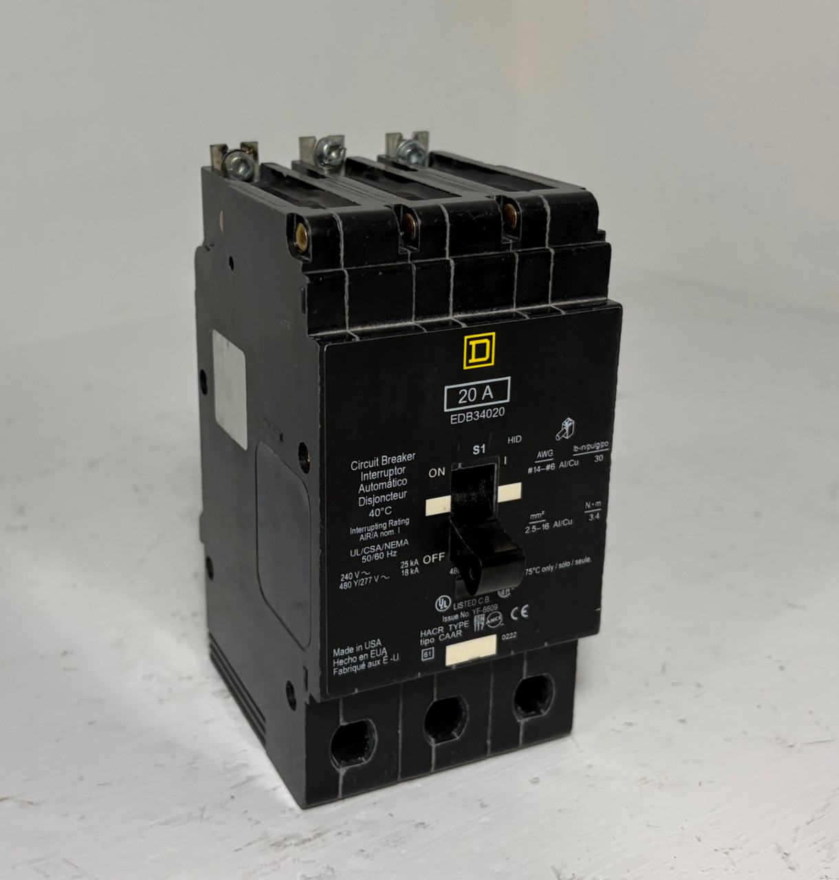 Square D EDB34020 20A Circuit Breaker 3 Pole 18kA @ 480Y/277 VAC 20 Amp HACR (EM5938-5)