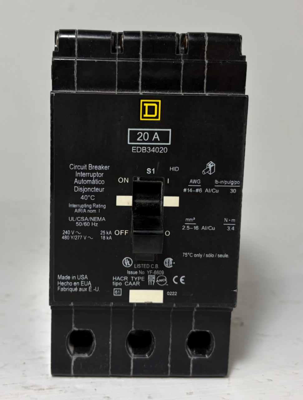 Square D EDB34020 20A Circuit Breaker 3 Pole 18kA @ 480Y/277 VAC 20 Amp HACR (EM5938-5)