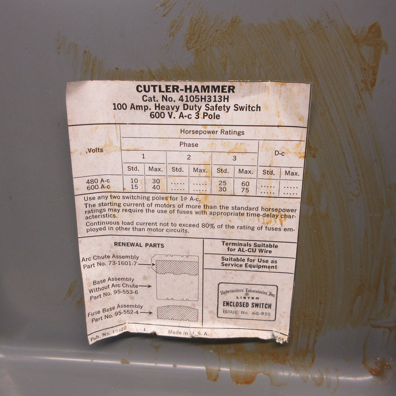 Cutler Hammer 4105H313H 100 Amp 600V Fusible Heavy Duty Safety Switch Disconnect (AH1426-2)