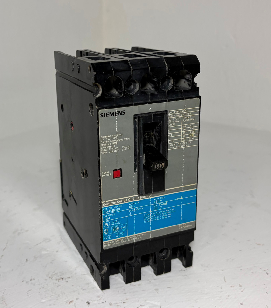 Siemens ED43B060 60A Sentron Circuit Breaker 480V 3P Type ED4 60 Amp HACR (EM5939-1)