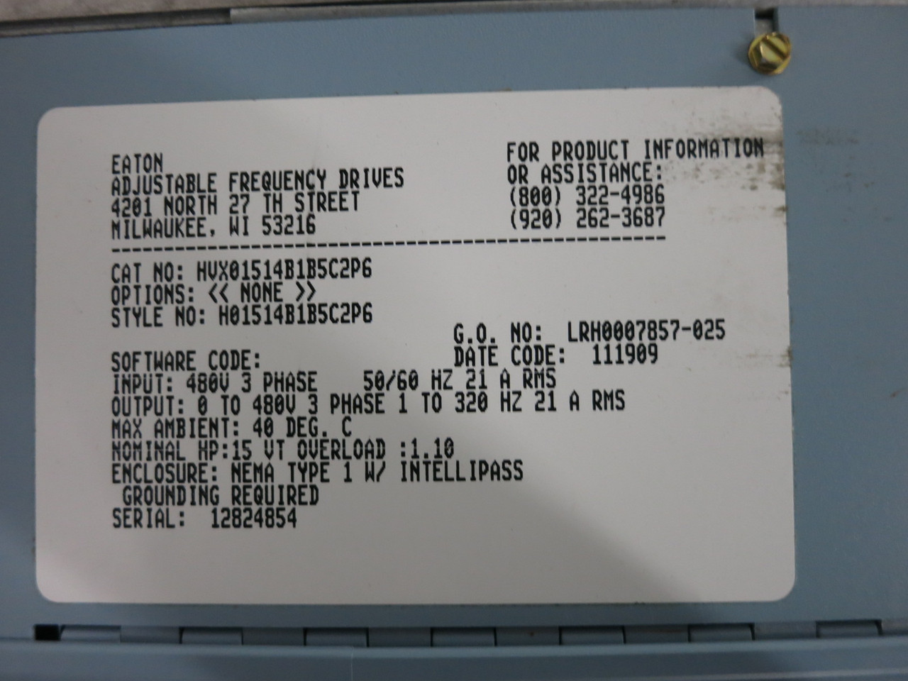 Eaton HVX01514B1B5C2P6 15 HP HVX9000 VS Drive IntelliPass Bypass 480V SVX010A1 (DW8339-2)