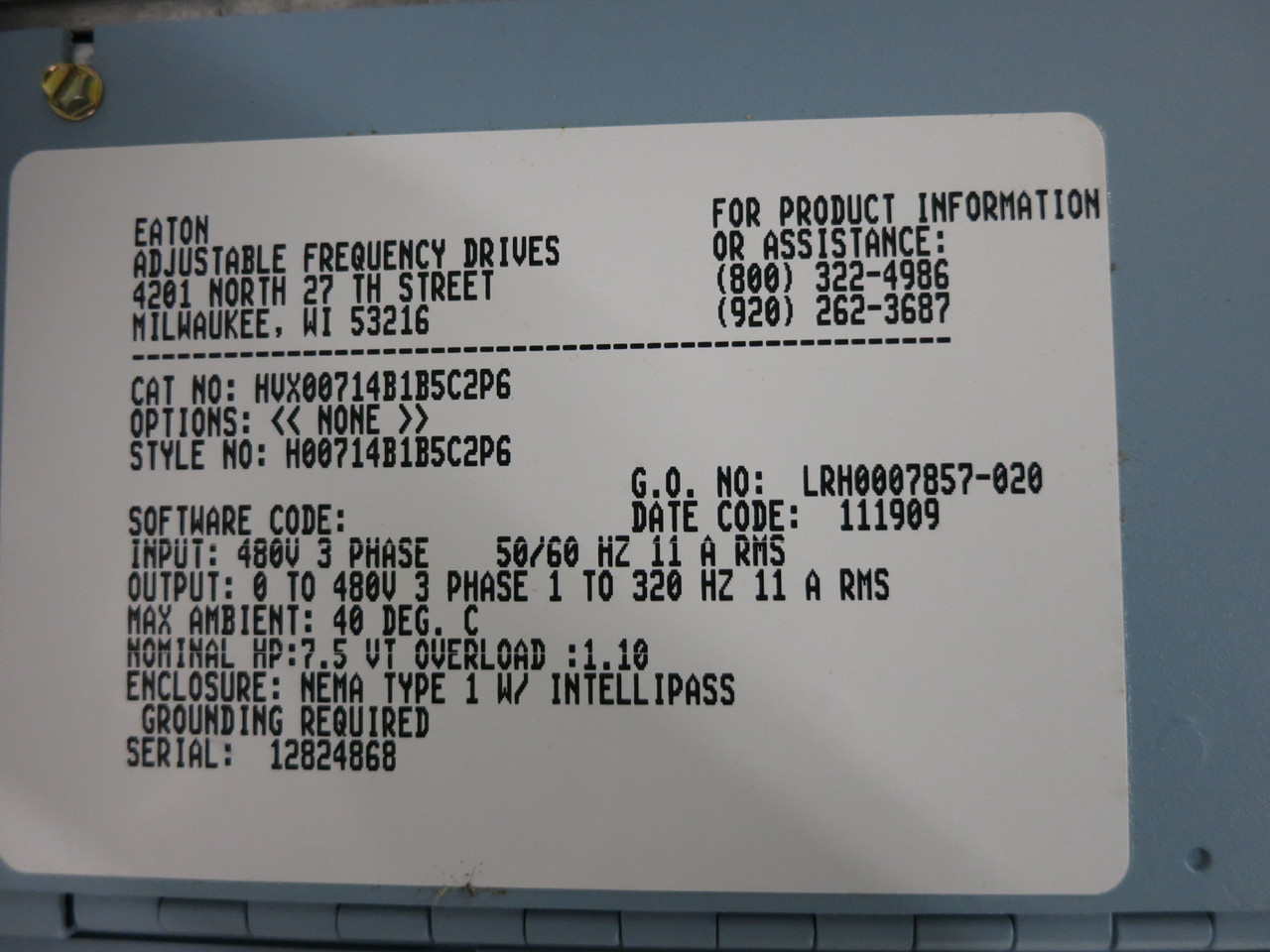 Eaton HVX00714B1B5C2P6 7.5 HP HVX9000 VS Drive IntelliPass Bypass 480V SVX006A1 (DW8337-1)