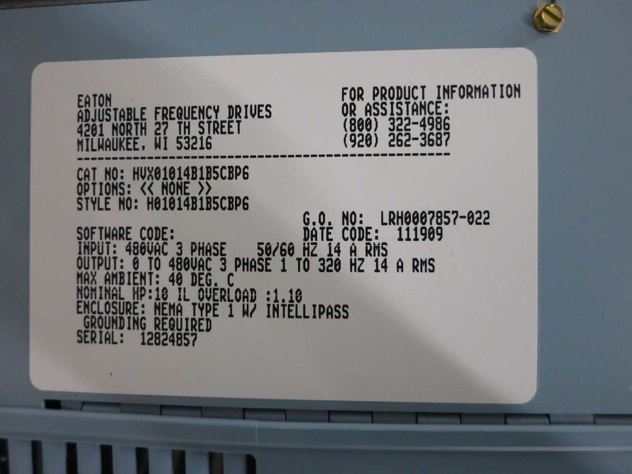 Eaton HVX01014B1B5C2P6 10 HP HVX9000 VS Drive IntelliPass Bypass 480V SVX007A1 (DW8338-1)