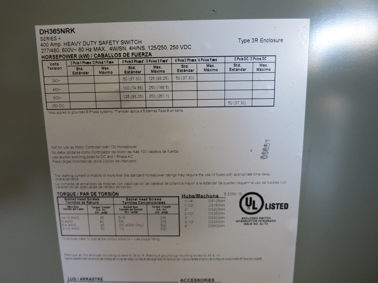 Eaton DH365NRK 400A 600V Fused Safety Switch Disconnect 400 Amp 3R (No Neutral) (DW8346-2)