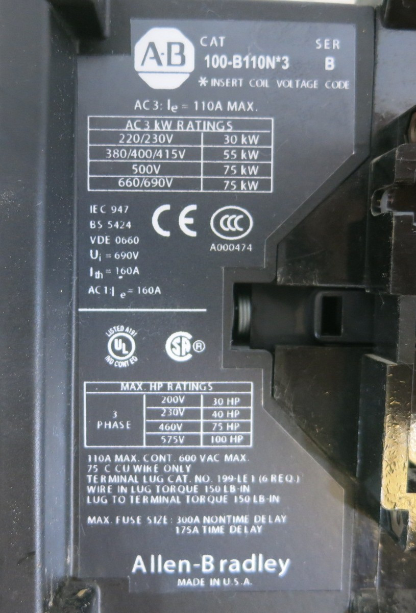 Allen Bradley AB 100-B110N*3 110 Amp Motor Contactor 600Vac 120V Coil 100 HP (BJ1132-50)
