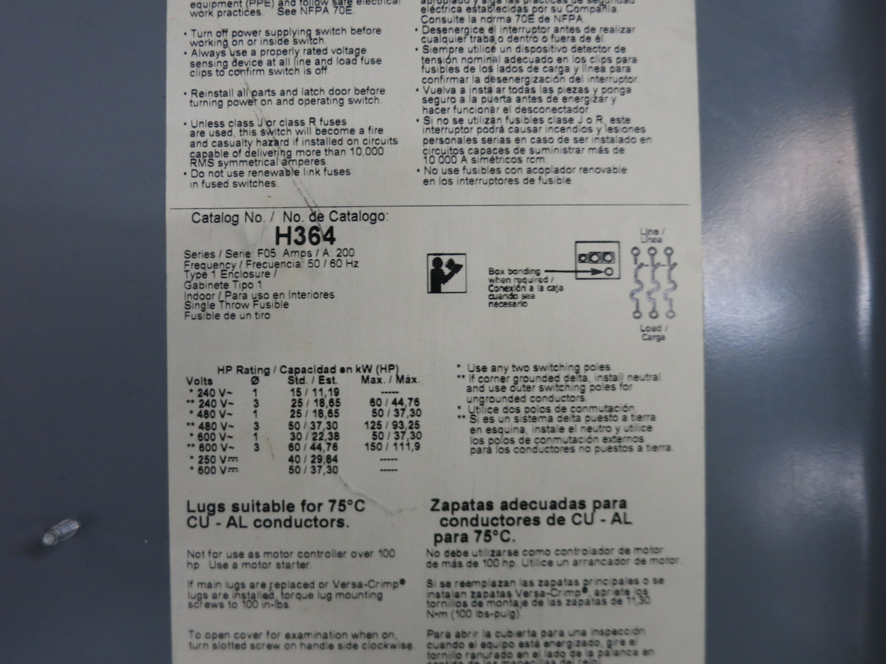 Square D H364 200A 600V Fusible Heavy Duty Safety Switch Disconnect 200 Amp F05 (DW8363-1)