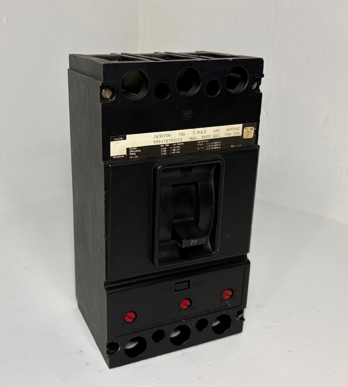 Westinghouse JA3070W 70A Circuit Breaker 657D791G12 3P 600V JA JA3070 70 Amp (EM5954-1)