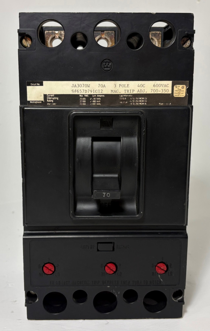Westinghouse JA3070W 70A Circuit Breaker 657D791G12 3P 600V JA JA3070 70 Amp (EM5954-1)