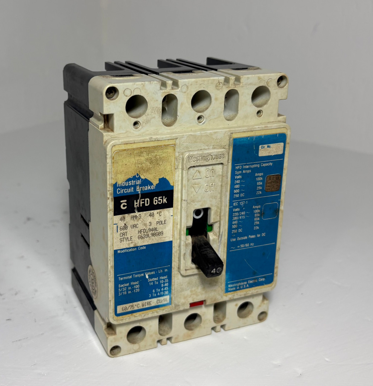 Westinghouse HFD3040L 40A Circuit Breaker Matte Blue 3P HFD3040 40 Amp bad label (EM5956-1)