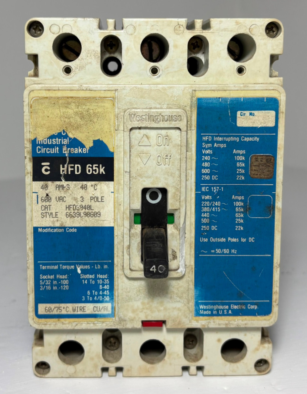Westinghouse HFD3040L 40A Circuit Breaker Matte Blue 3P HFD3040 40 Amp bad label (EM5956-1)