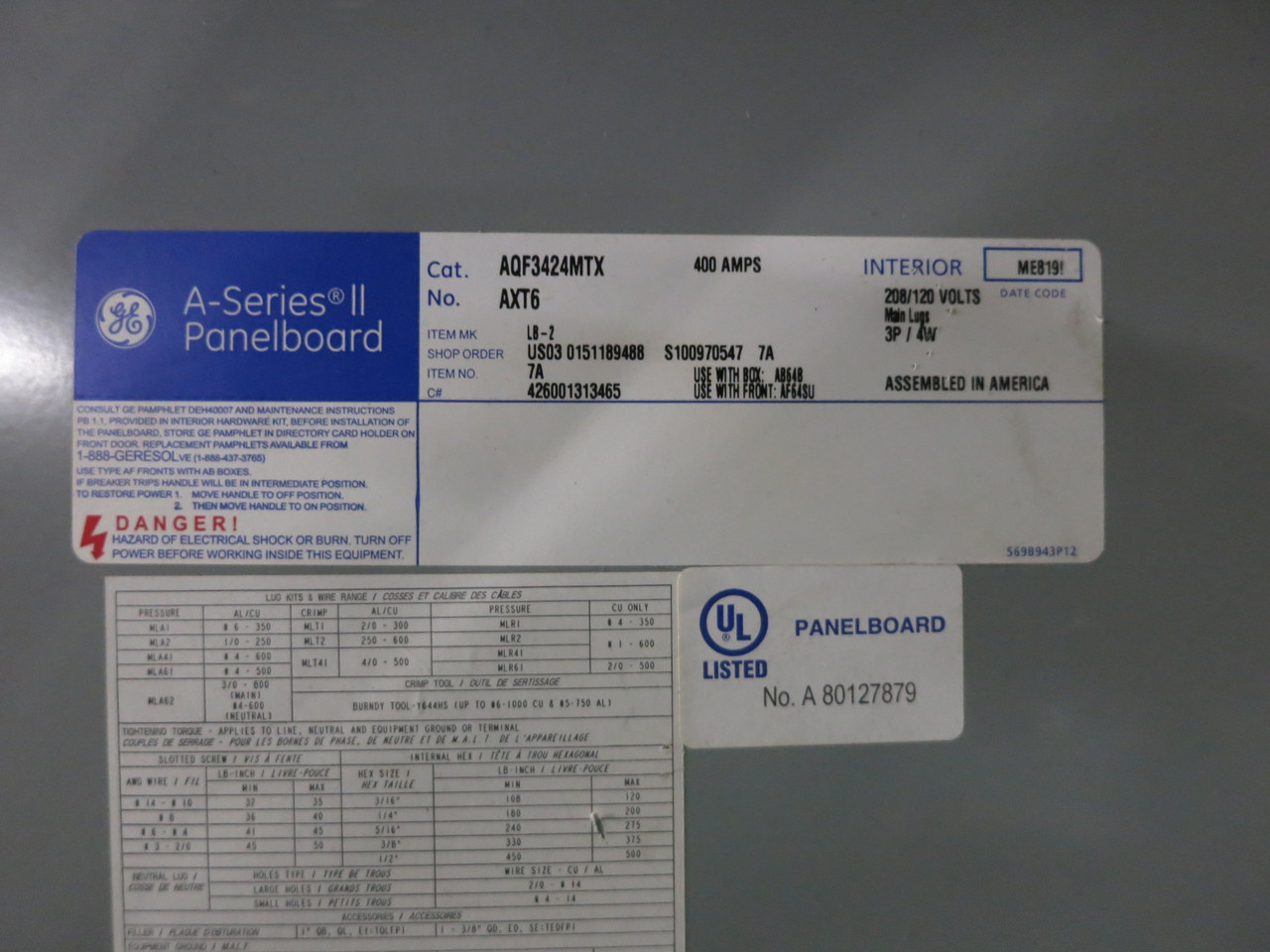 GE AQF3424MTX 400A Breaker Panel Board 208/120V 4W 400 Amp Surge Protection TPME (DW8372-2)