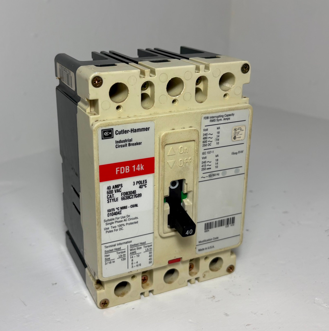 Cutler-Hammer FDB3040 40A Circuit Breaker Glossy Red 480/600V 3P FDB3040L 40 Amp (EM5955-1)