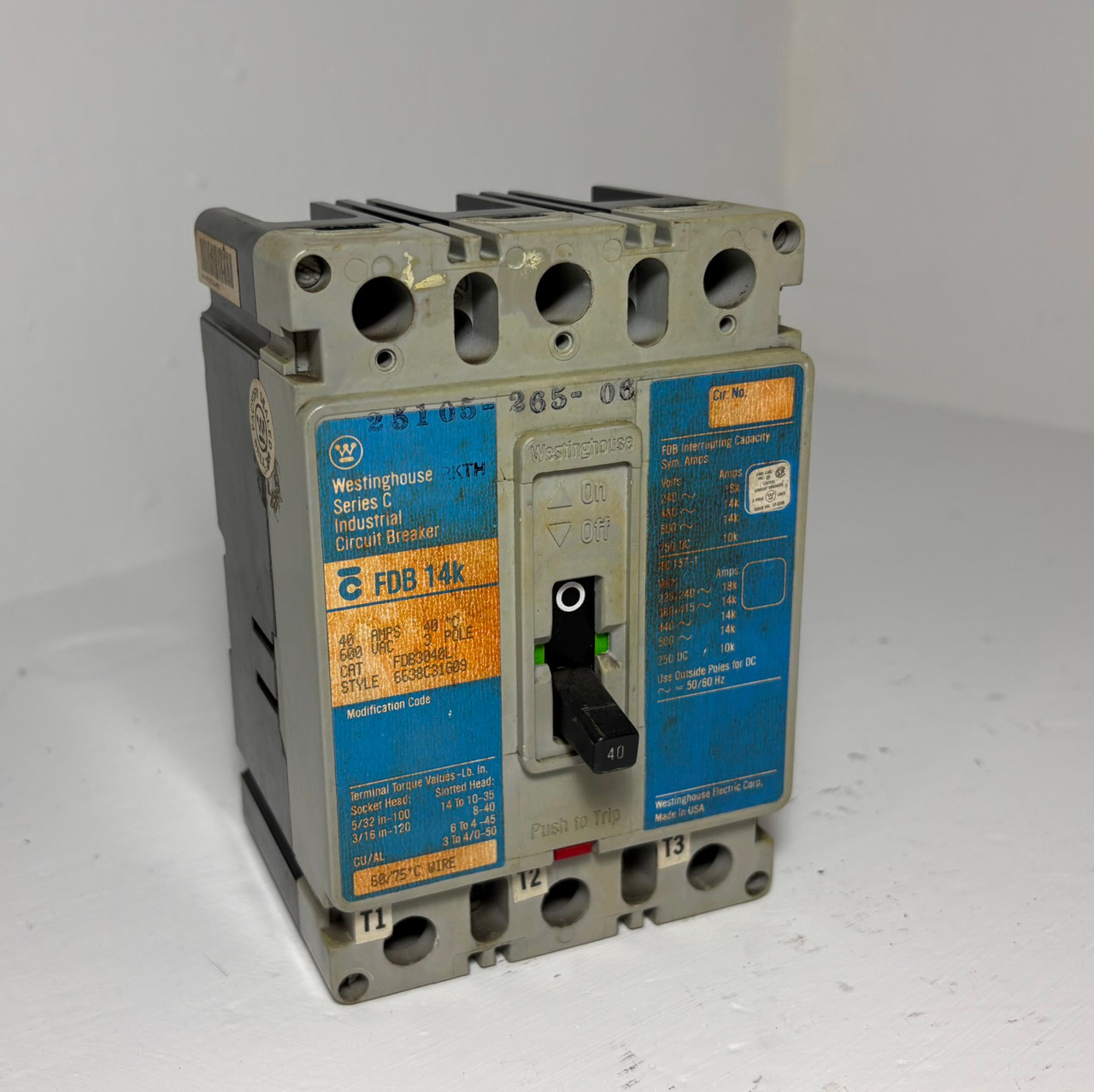Westinghouse FDB3040L 40A Circuit Breaker Matte Blue Gray 600V 3P FDB3040 40 Amp (EM5958-1)