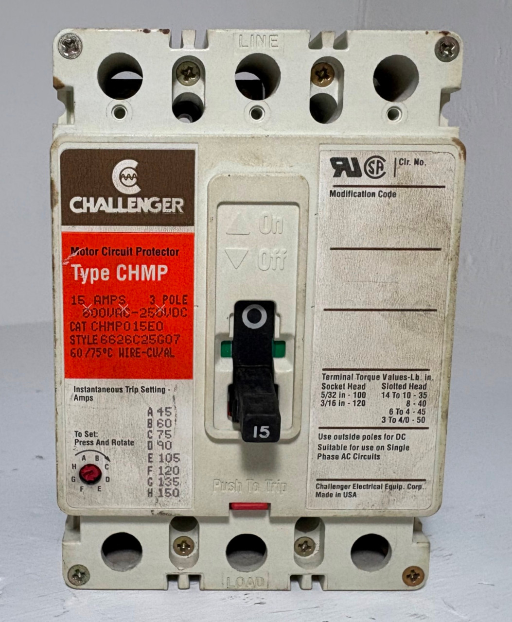 Challenger CHMP015E0 15A Circuit Breaker Matte Orange 600V 3P Type CHMP 15 Amp (EM5959-1)