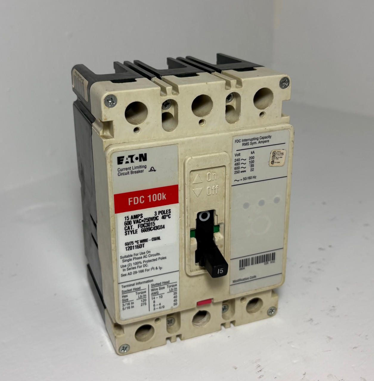 Eaton FDC3015 15A Circuit Breaker Glossy Red FDC3015L 600V 3P FDC 100k 15 Amp (EM5960-1)