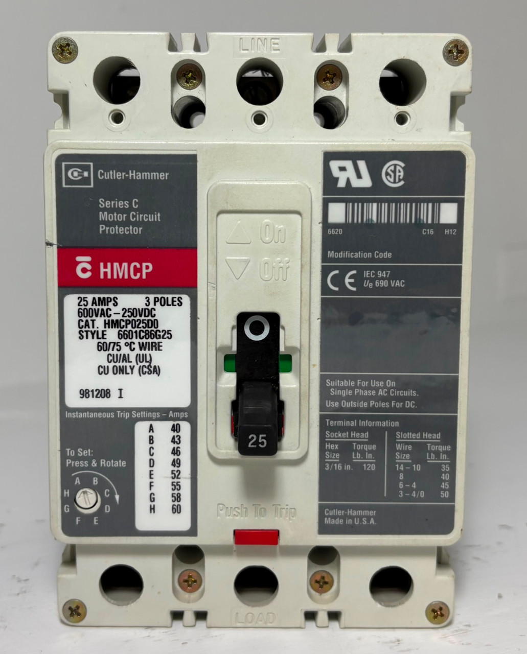 Cutler-Hammer HMCP025D0 25A Circuit Breaker Glossy 600V 3P HMCP 25 Amp (EM5961-1)
