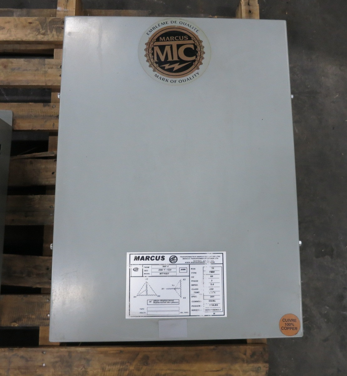 Marcus 10 kVA 480 Delta to 208Y/120 V 3PH Dry Type Transformer MT10B1 TWM 480V (DW8383-2)