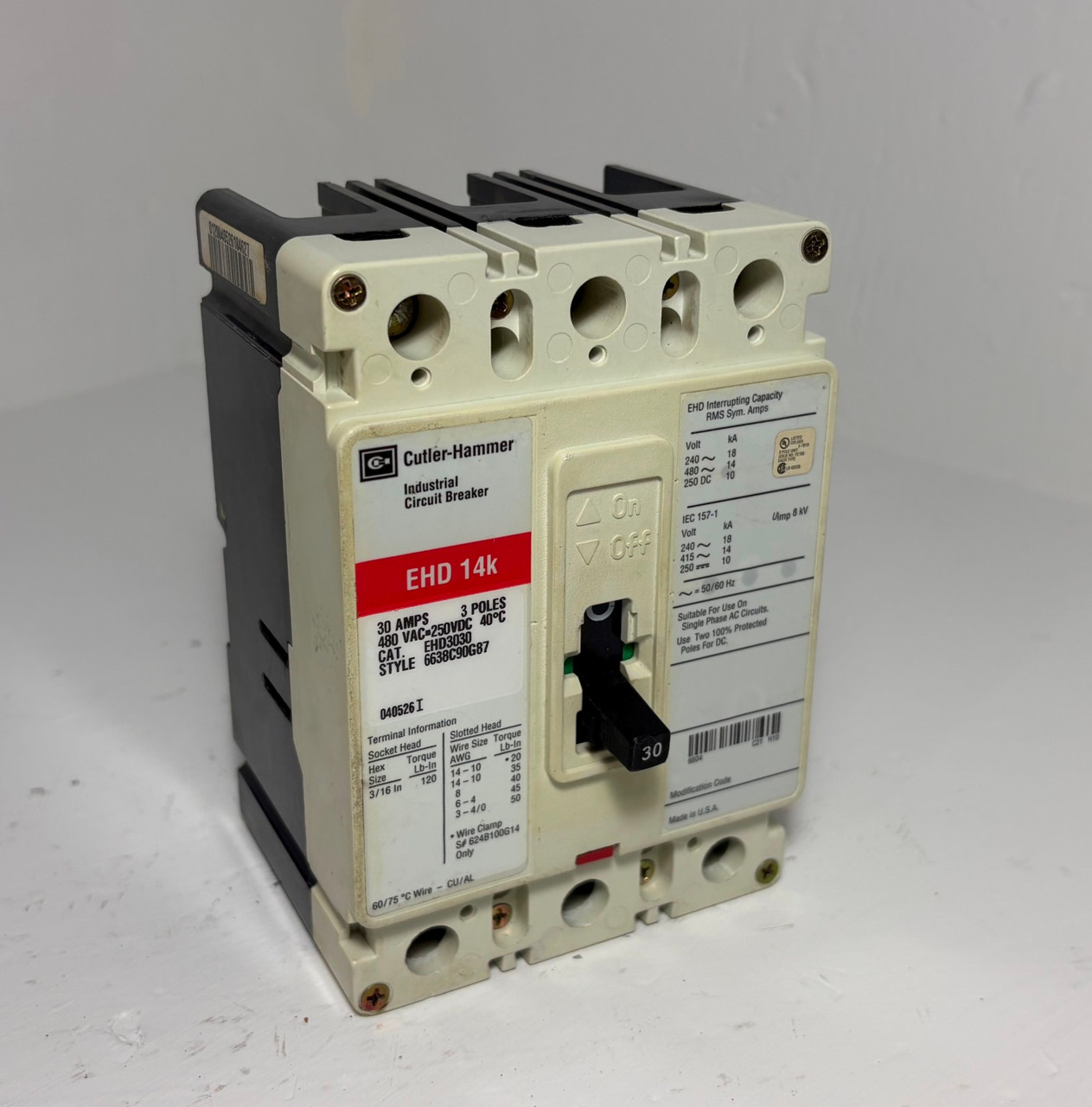 Cutler-Hammer EHD3030 30A Circuit Breaker Glossy Red 480V 3P EHD3030L 30 Amp (EM5967-2)