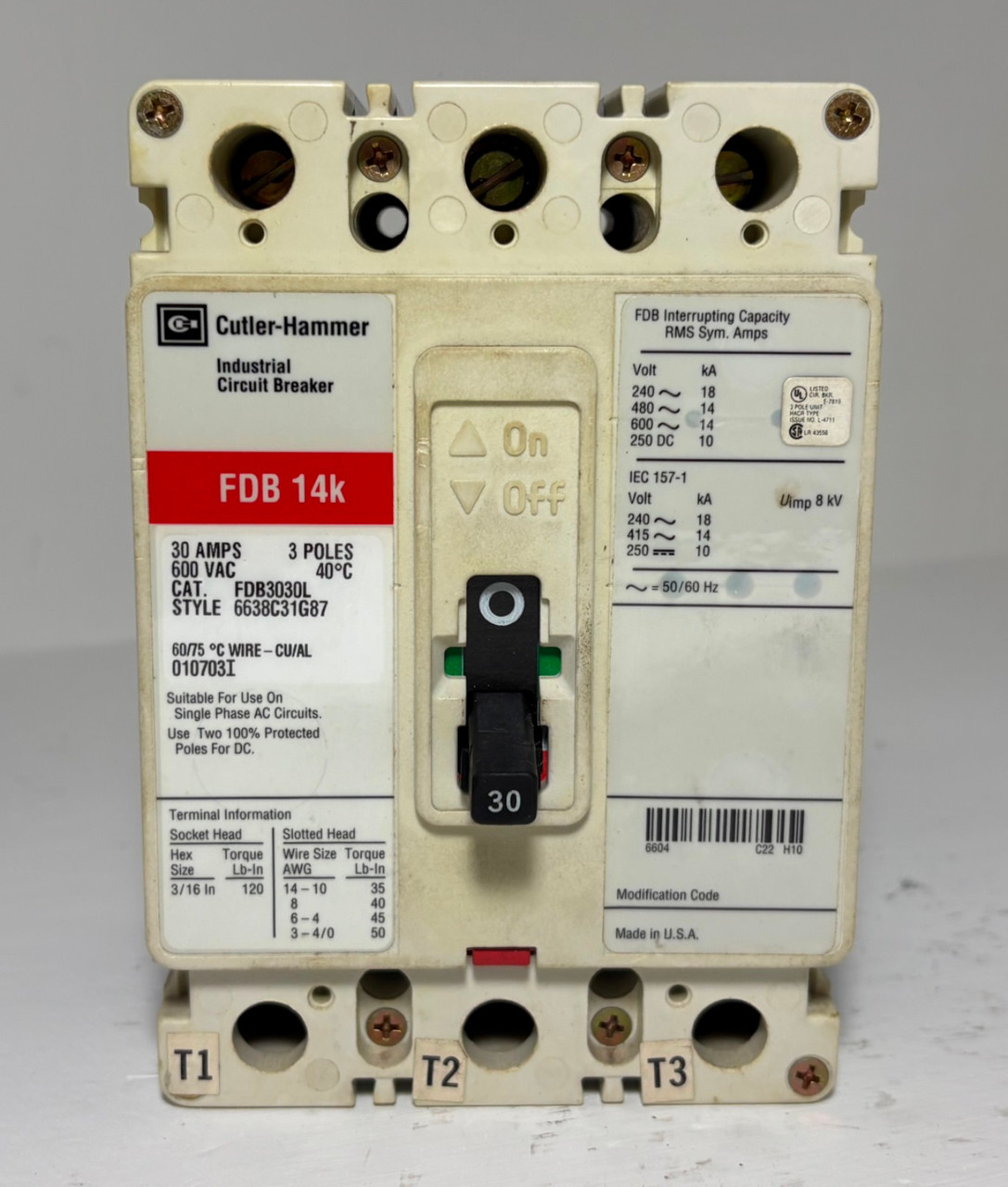 Cutler-Hammer FDB3030L 30A Circuit Breaker Glossy Red 600V 3P FDB3030 30 Amp (EM5965-1)