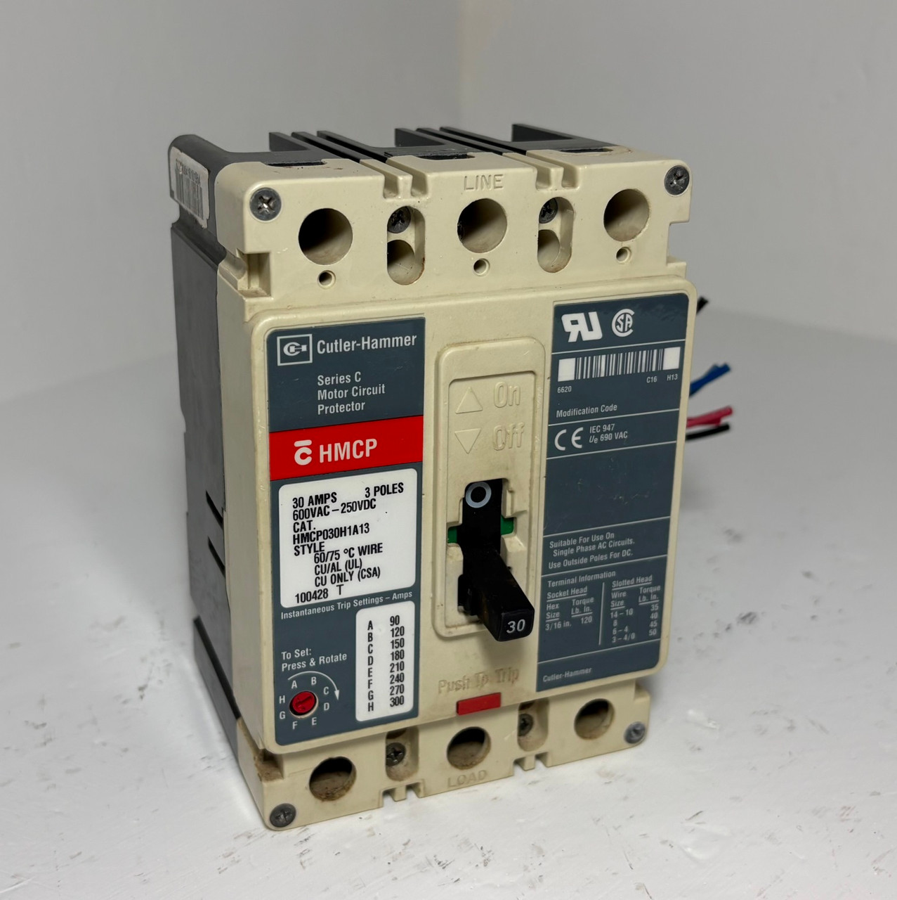 Cutler-Hammer HMCP030H1A13 30A Circuit Breaker w Aux 600V HMCP 30 Amp HMCP030H1A (EM5963-1)