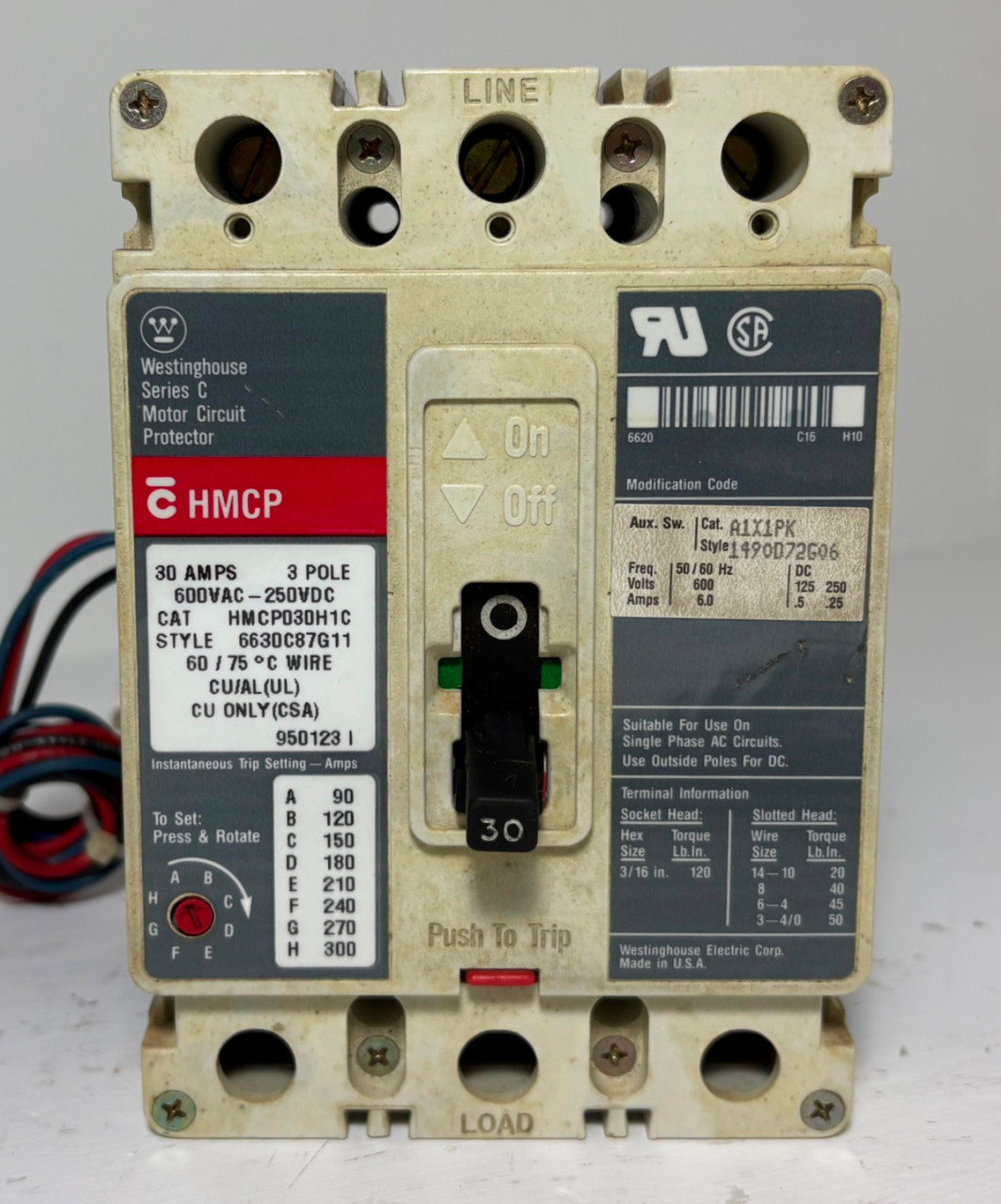 Westinghouse HMCP030H1C 30A Circuit Breaker Glossy w/ Aux 600V Type HMCP 30 Amp (EM5969-2)