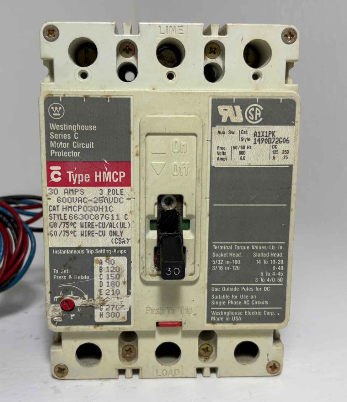 Westinghouse HMCP030H1C 30A Circuit Breaker Matte w Aux 600V 3P Type HMCP 30 Amp (EM5968-1)