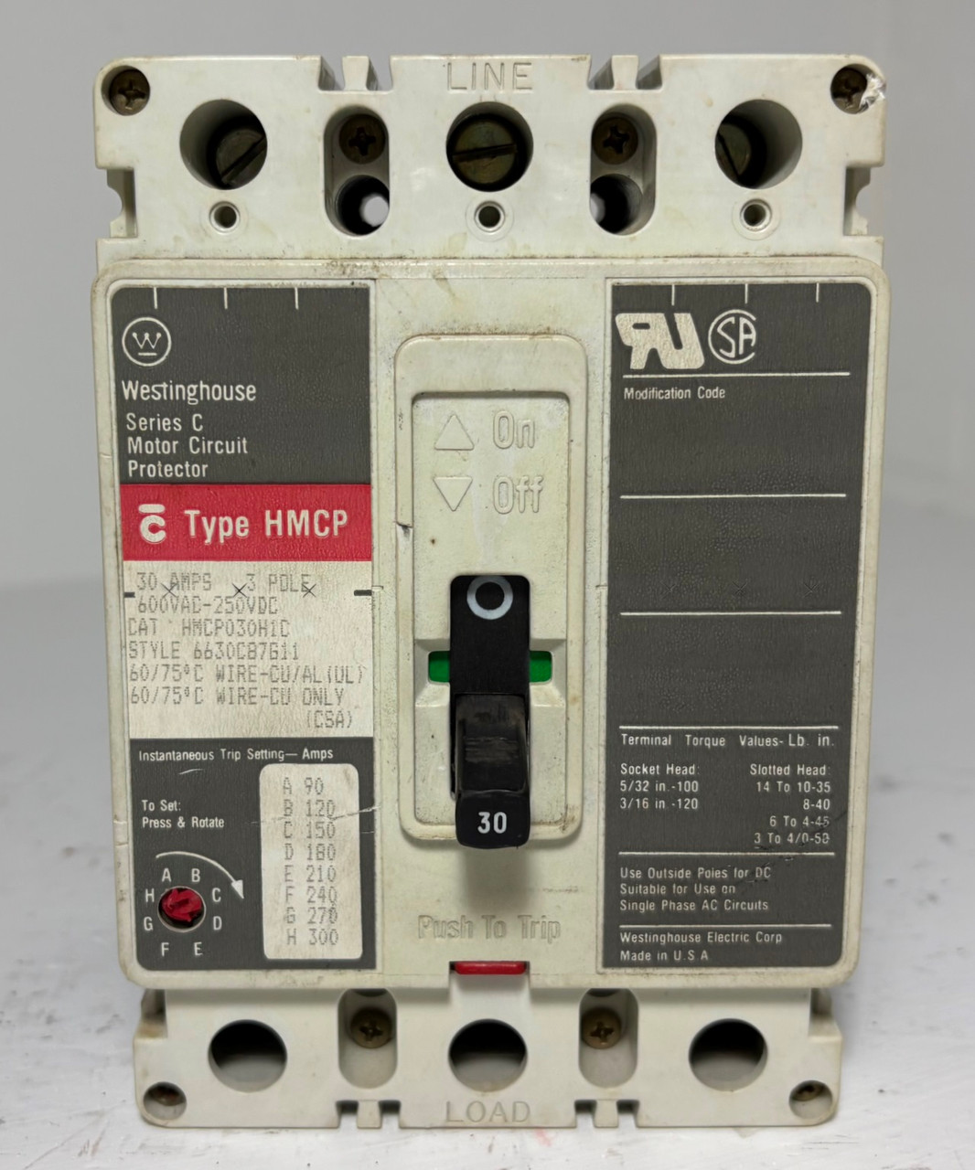 Westinghouse HMCP030H1C 30A Circuit Breaker Matte 600V 3P Type HMCP 30 Amp (EM5970-30)