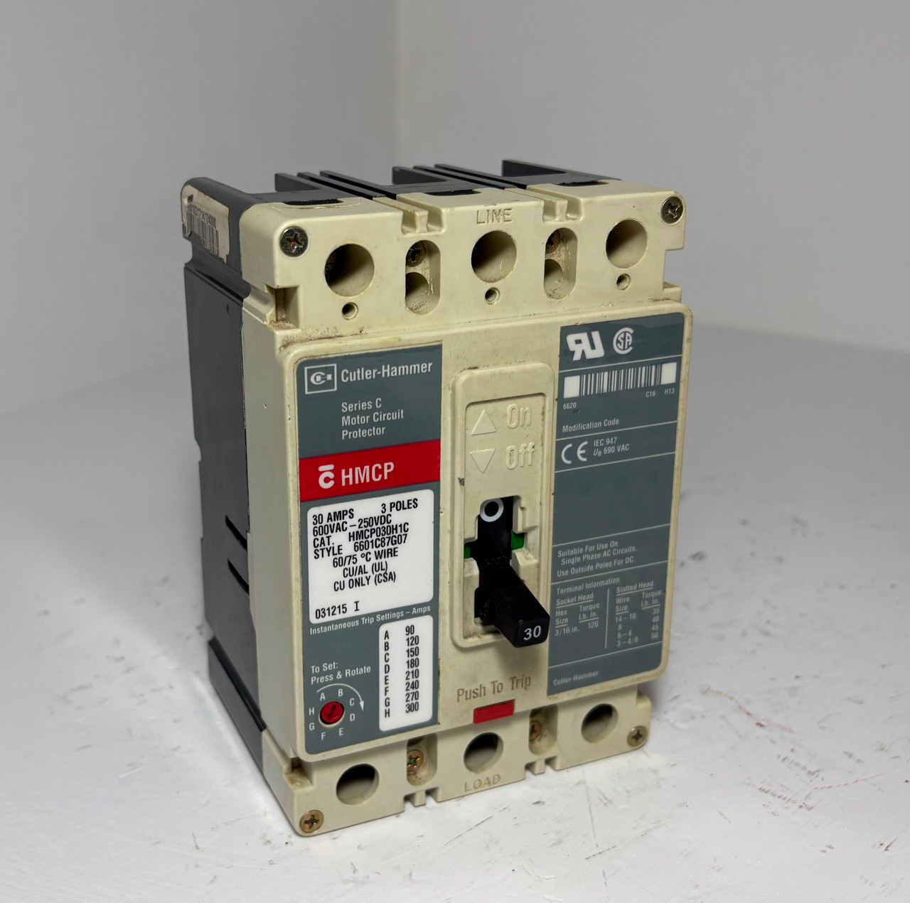 Westinghouse HMCP030H1C 30A Circuit Breaker Glossy 600V 3P Type HMCP 30 Amp (EM5971-47)