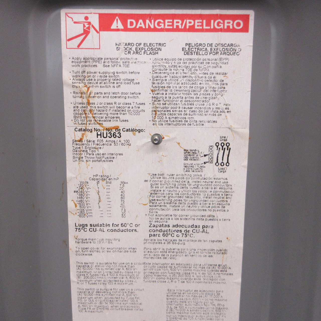 Square D HU363 100A 600V Non-Fusible Safety Switch Disconnect 100 Amp HU-363 F05 (AH1472-1)