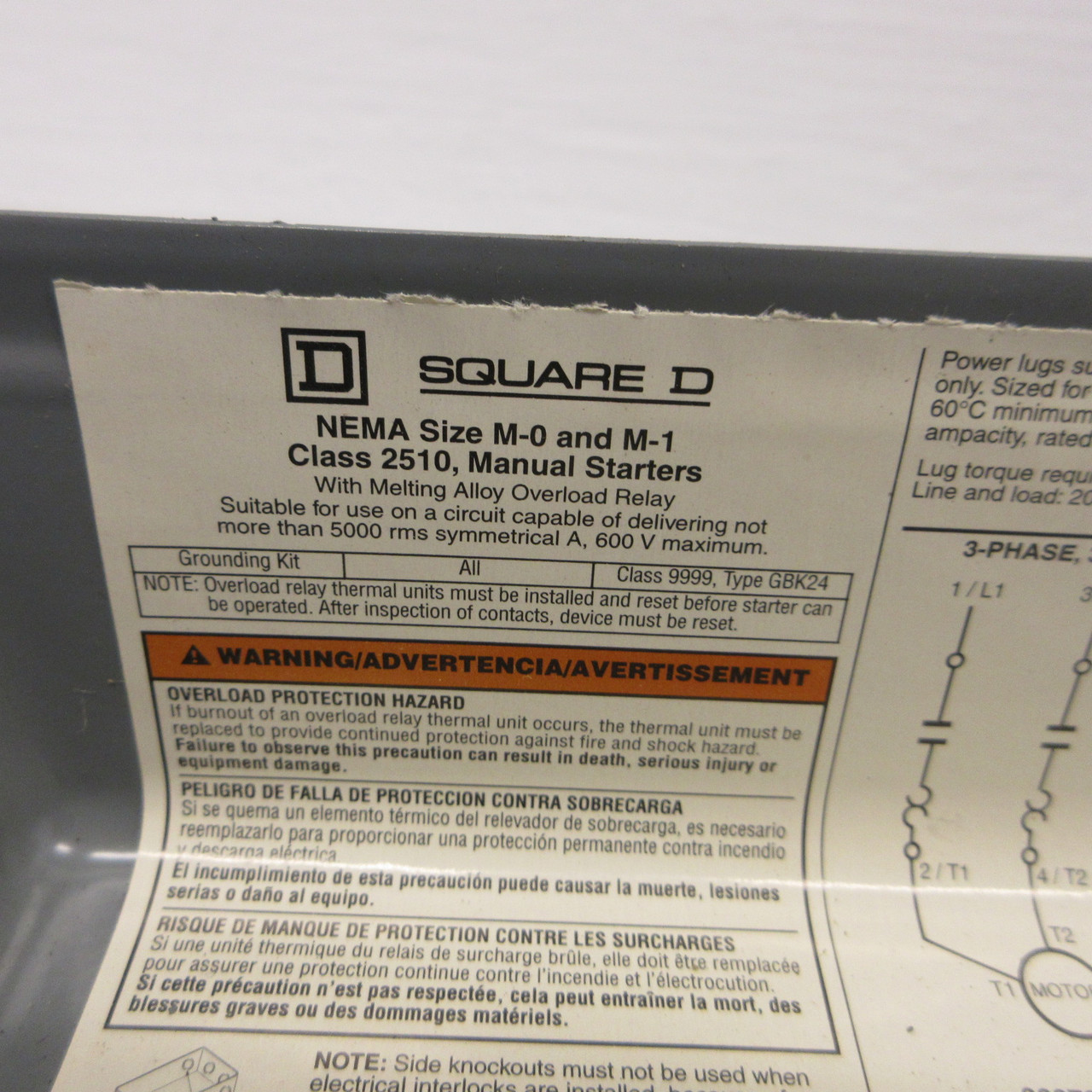 Square D 2510-MBG2 Size M-0 Enclosed Manual Starter 480/600VAC 5HP 2510-MBG2 (AH1479-1)