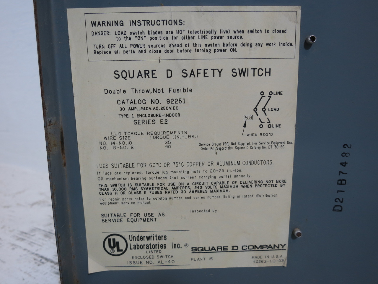 Square D 92251 30A 240V Double Throw Safety Switch Manual Transfer 1PH 2 Pole E1 (DW8404-2)