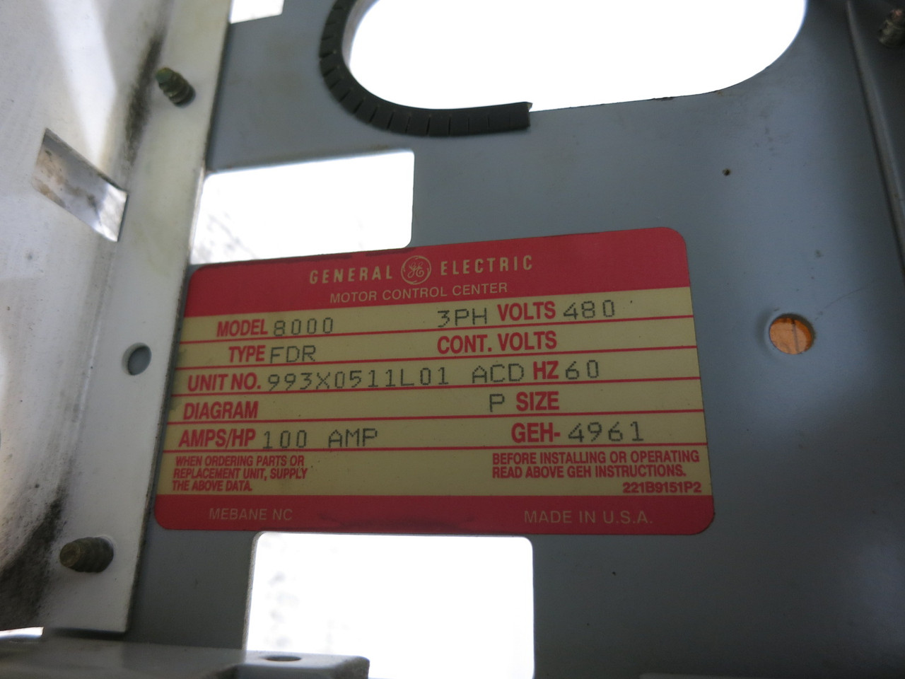 GE 8000 100A Breaker Type 6" MCC Feeder Bucket 100 Amp Motor Control Unit SELA (DW8402-2)