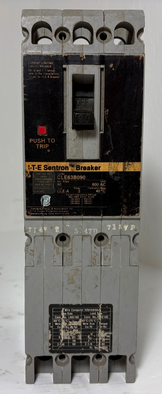 Siemens I-T-E CLE63B090 90A Sentron Circuit Breaker 600V 3P CLE-A ITE 90 Amp (EM5981-1)