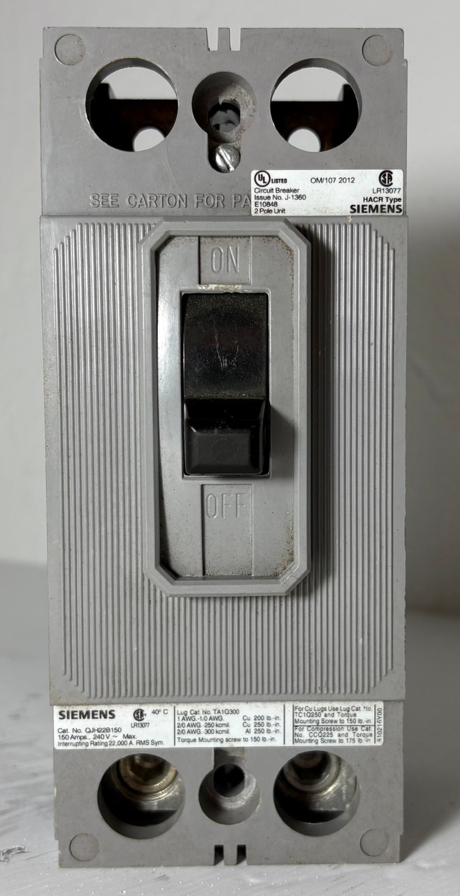 Siemens QJH22B150 150A 2 Pole Circuit Breaker Gray 22ka @ 240V ITE 150 Amp 2P (EM5982-1)