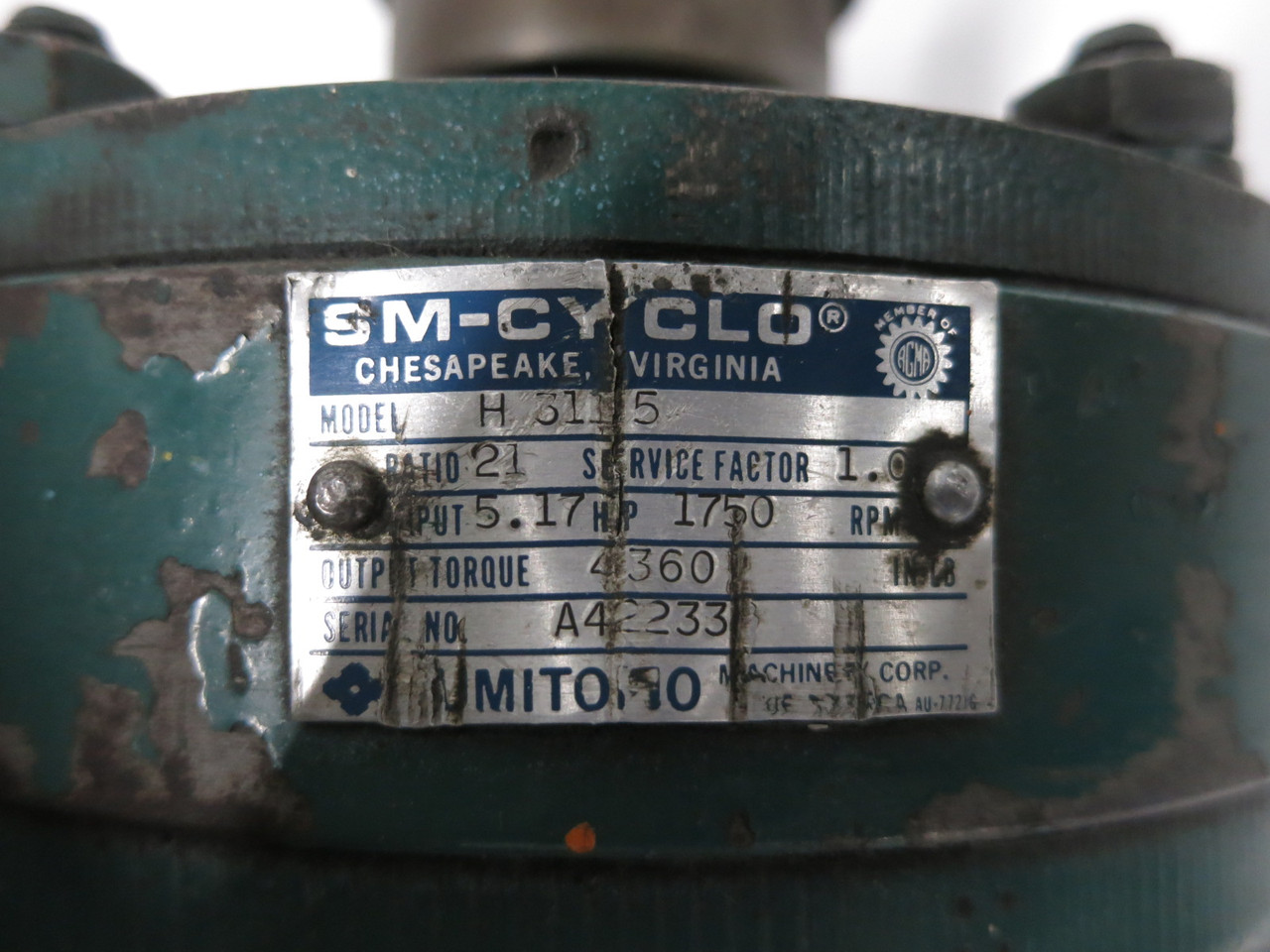 Sumitomo H3115 SM-Cyclo Drive Gear Reducer Ratio 21 1750 RPM 5.17 HP Torque 4360 (DW8426-2)