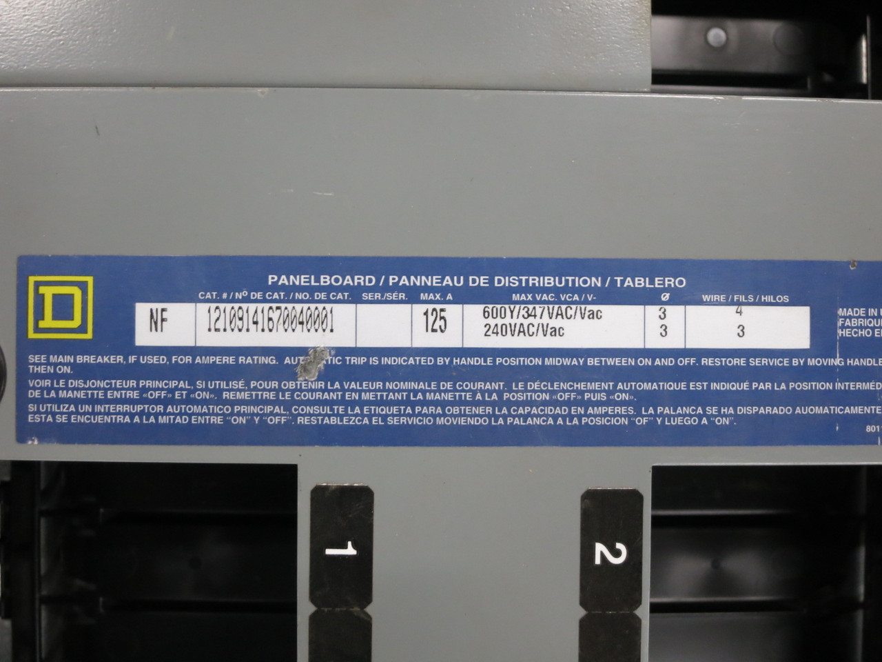 Square D 125A NF Circuit Breaker Panel Board 3PH 4W 600V Max 125 Amp MH44WP 3R (DW8430-1)