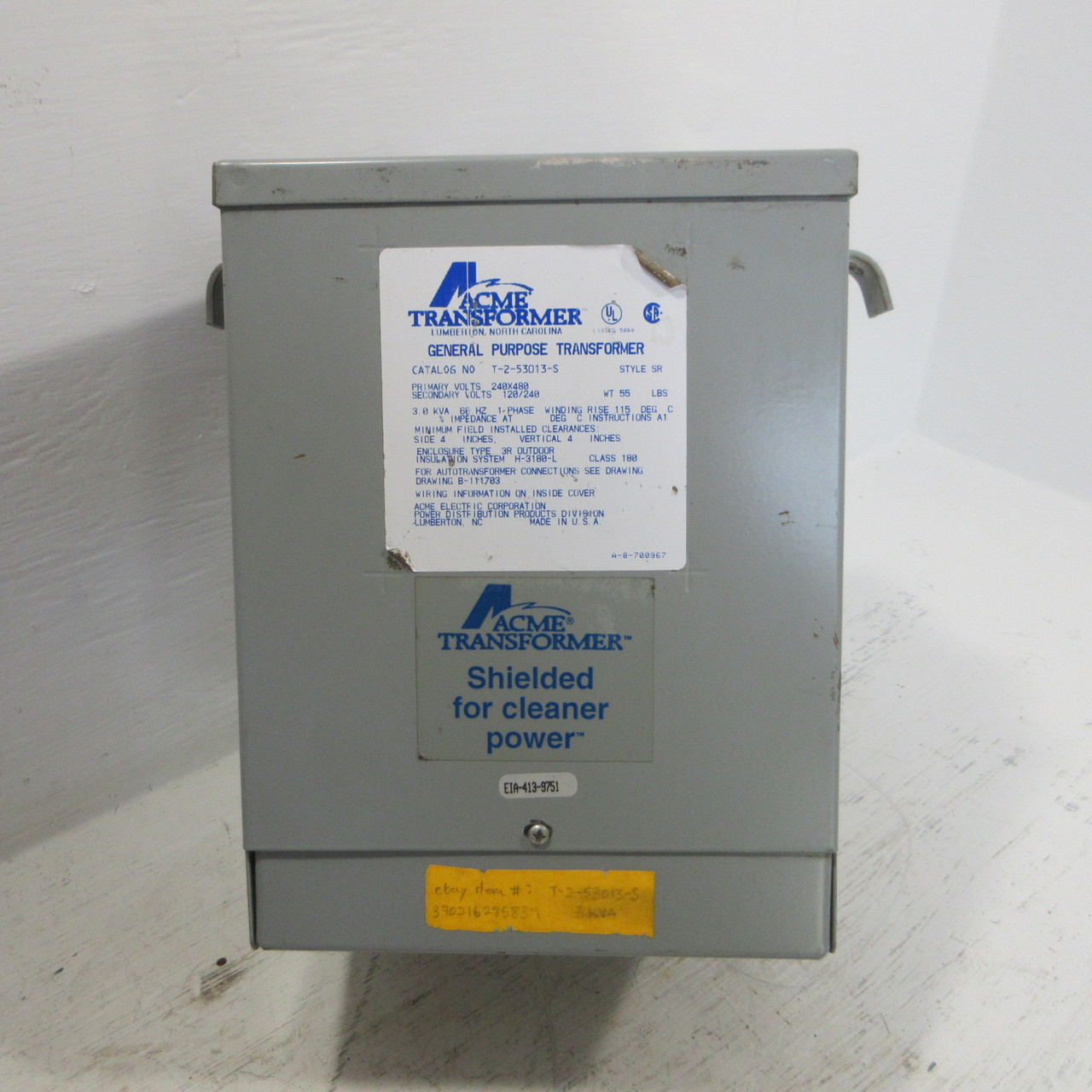 Acme 3 kVA 240x480 to 120/240V Dry Type 1PH Transformer T-2-53013-S Single Phase (AH1500-1)