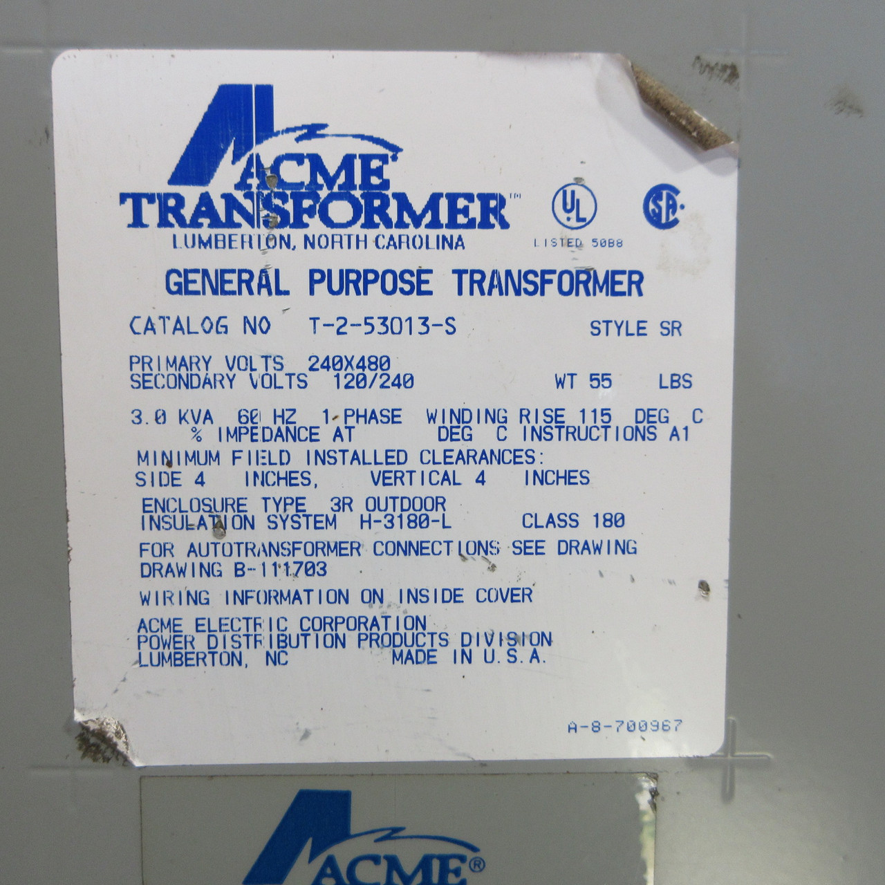 Acme 3 kVA 240x480 to 120/240V Dry Type 1PH Transformer T-2-53013-S Single Phase (AH1500-1)