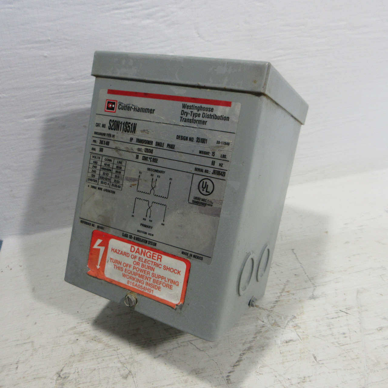 Image of Cutler Hammer 0.5 kVA 240/480V to 120/240V Dry Type 1PH Transformer S20N11S51N